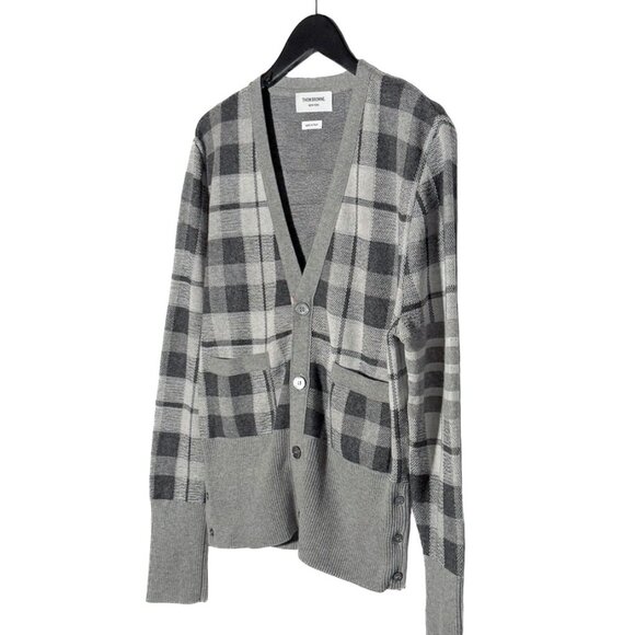 Thom Browne Grey Cashmere Tartan Check Cardigan Sweater - Picture 2 of 10
